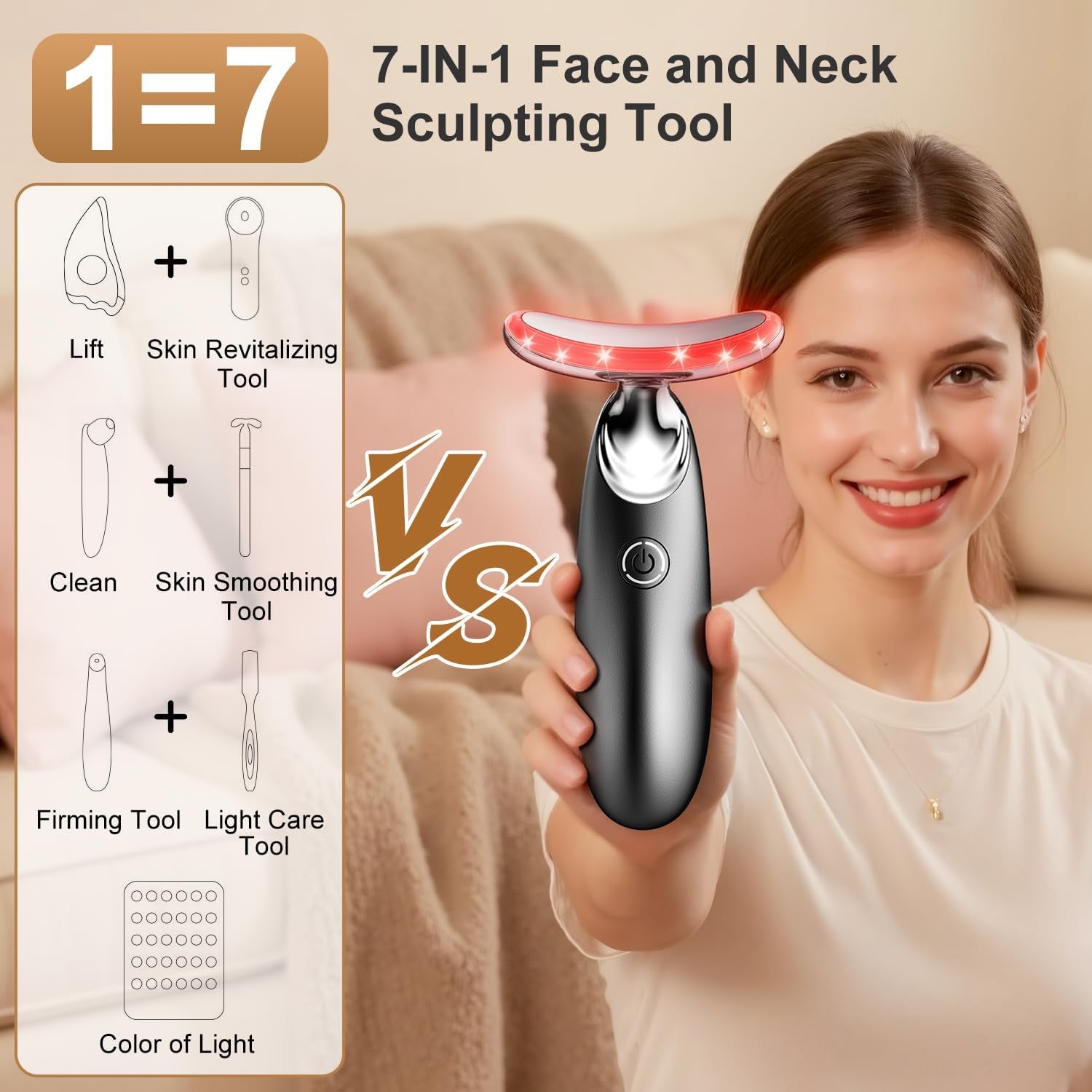 Red Light for Face and Neck, 7-In-1 Face Massager Tool, 3-Color Portable Facial Massager for Skin Care (5.9In)