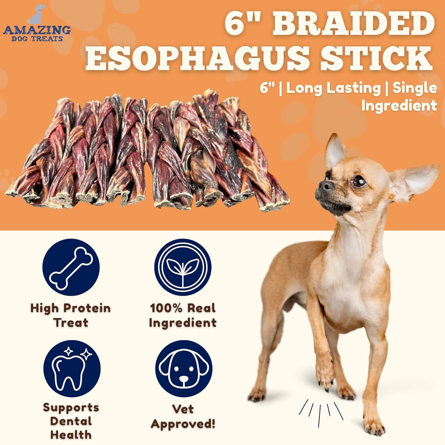 6-Inch Braided Beef Esophagus Gullet Sticks for Dogs - Pack of 4 Dog Jerky Treats