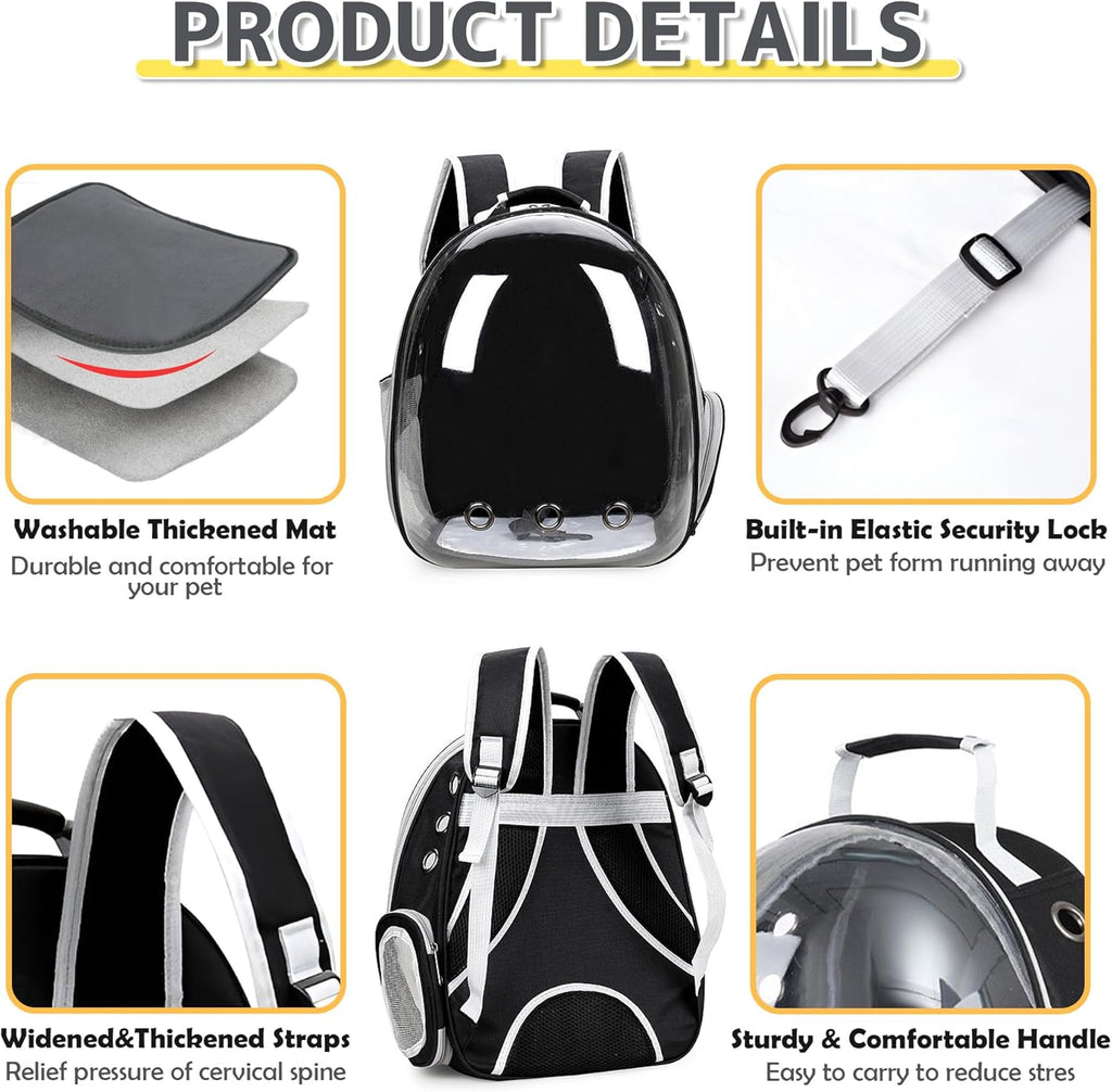 Cat and Small Dog Backpack Carrier - Transparent Space Capsule Design, Airline Approved for Travel and Outdoor Use, Black