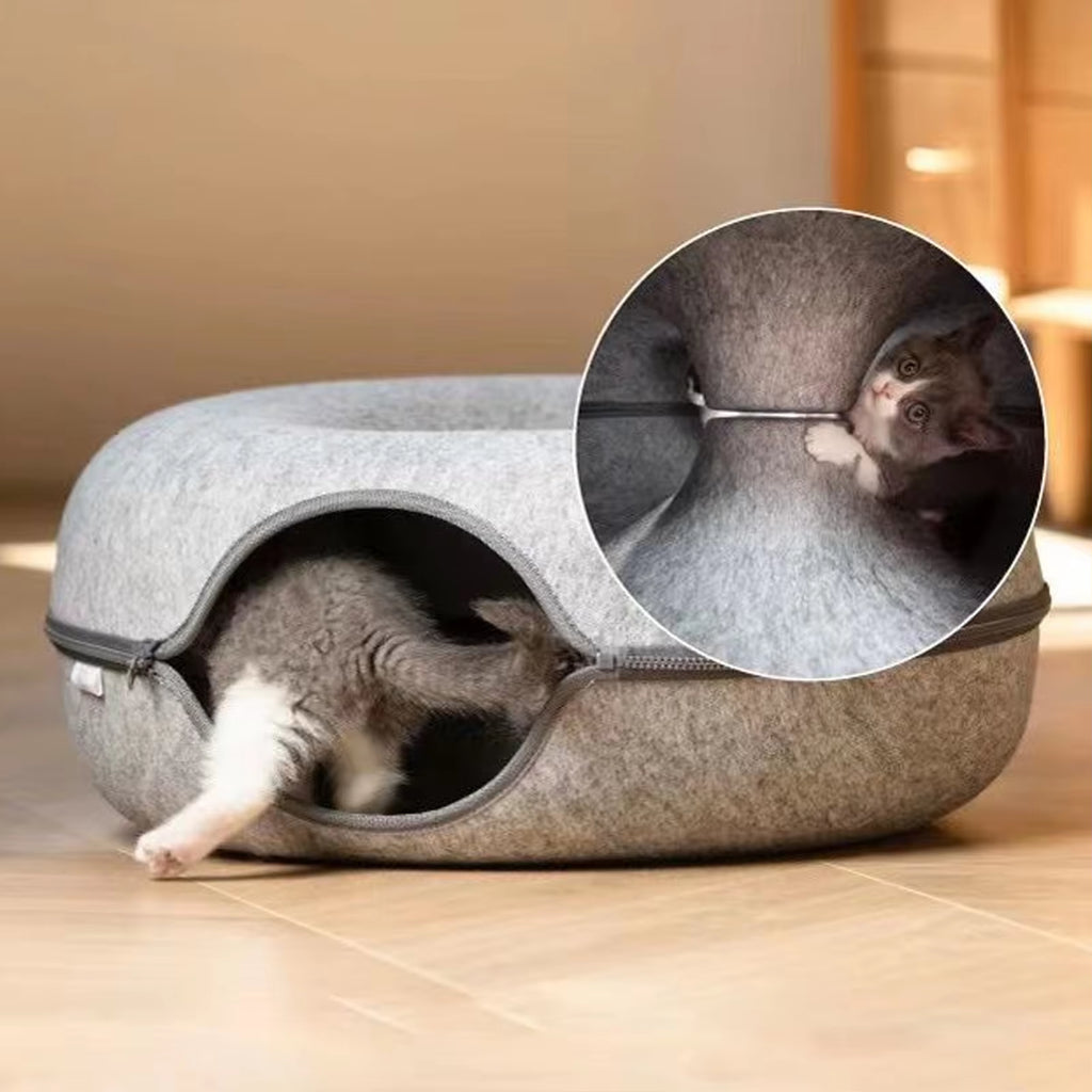 Interactive Dual-Use Donut Cat Tunnel and Bed for Cats, Ferrets, and Rabbits - Indoor Training and Play Toy