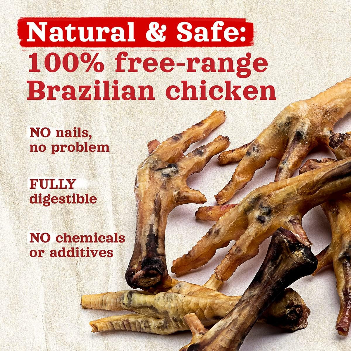 Nail-Free Chicken Feet Dog Treats (20 Count) - Single Ingredient, High Protein, Low Calorie Crunchy Treats for Joint and Dental Health, Suitable for All Breeds