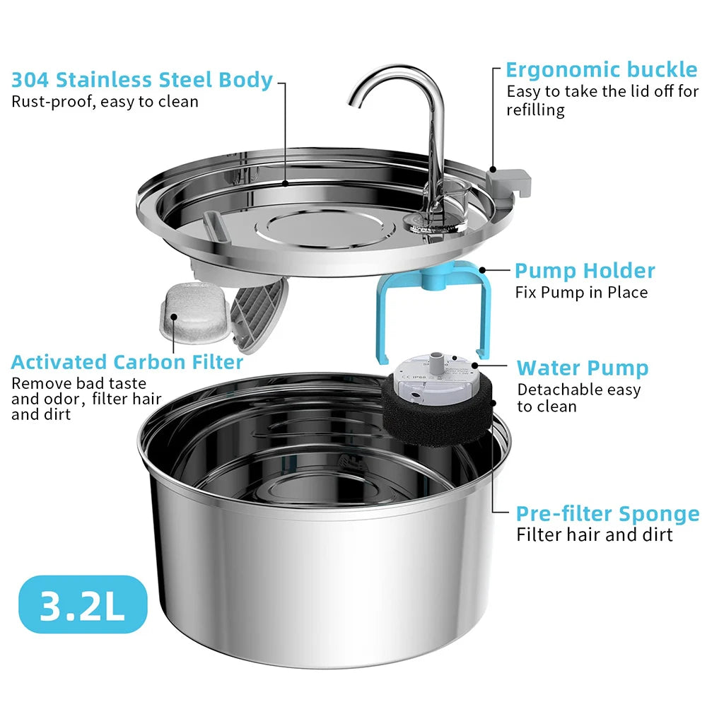 Stainless Steel Automatic Pet Water Fountain with USB Electric Mute and Filter for Cats and Dogs