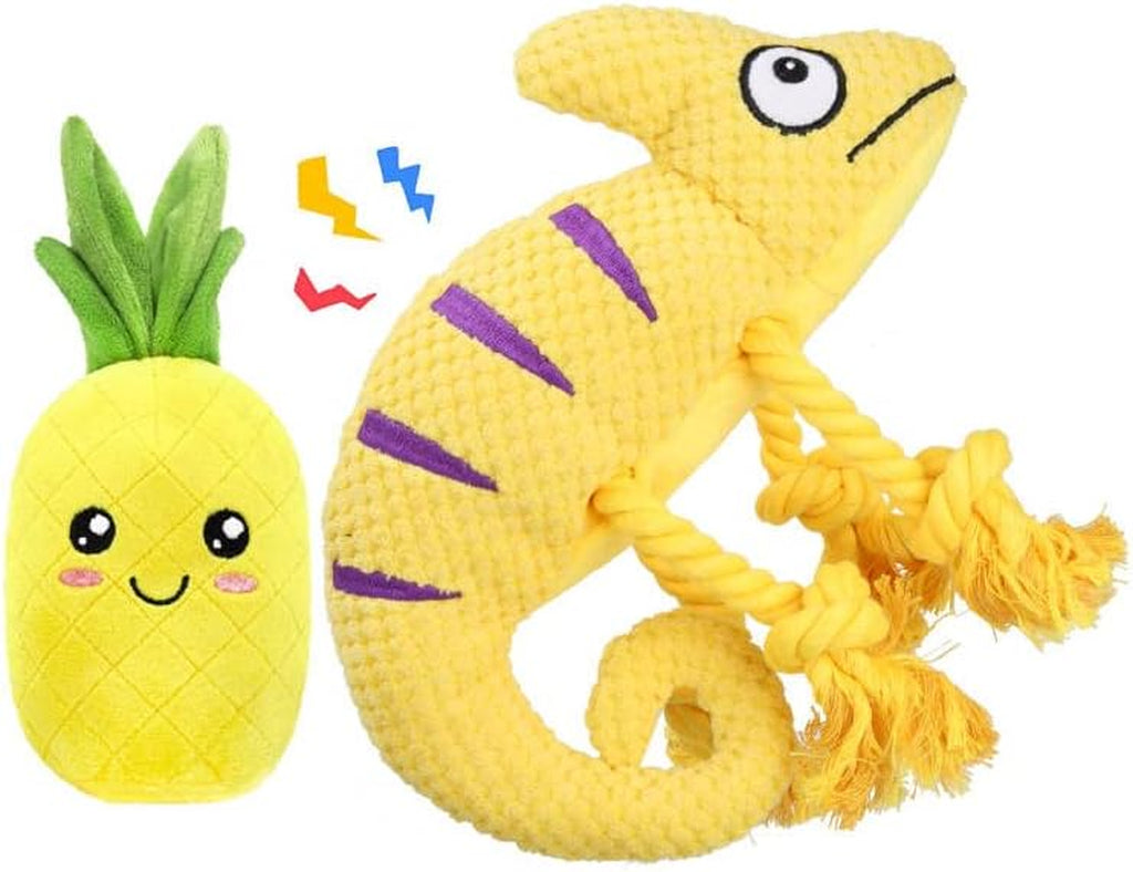 Plush Squeaky Dog Toys for Medium and Small Breeds - 2-in-1 Lizard and Pineapple Chew Toys in Yellow