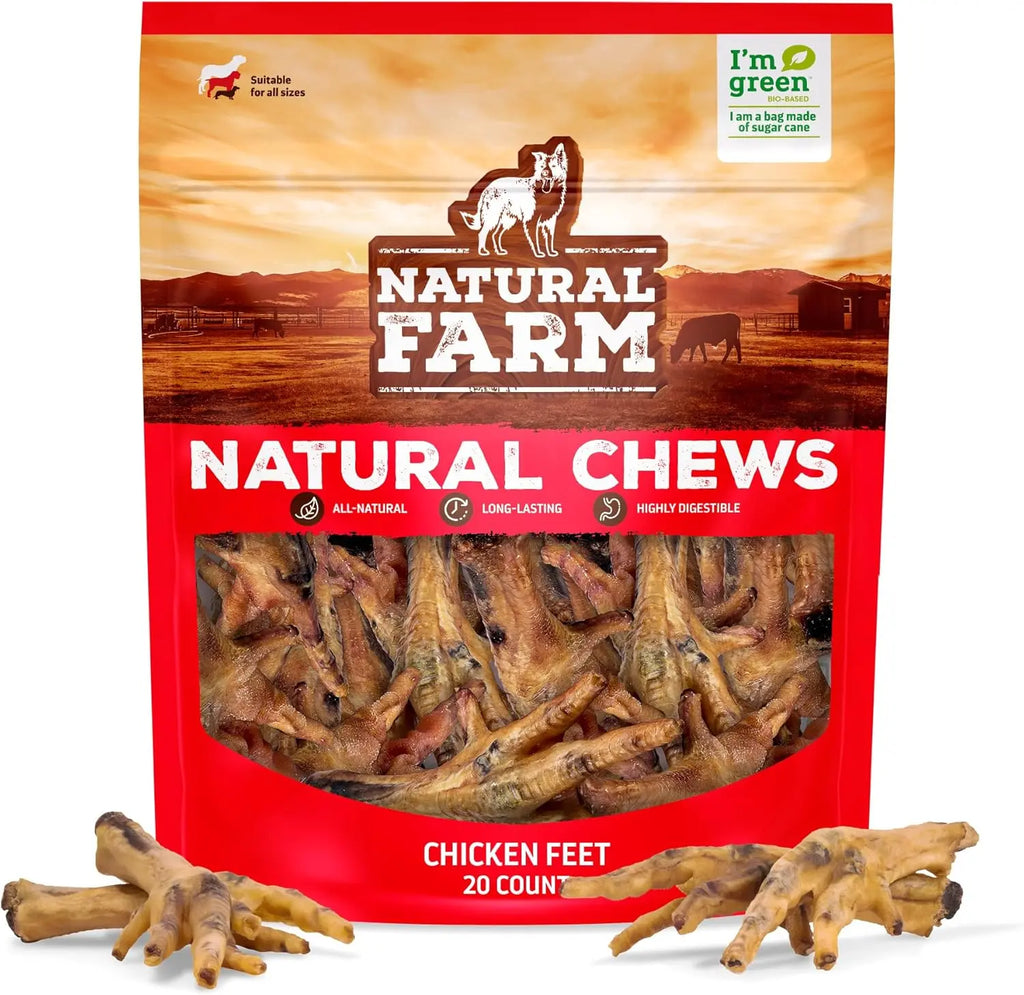 Natural Farm Chicken Feet for Dogs - 20 Count, 100% Free-Range, Crunchy, Glucosamine & Chondroitin, Senior Dog Treat, Low Odor, Fully Digestible