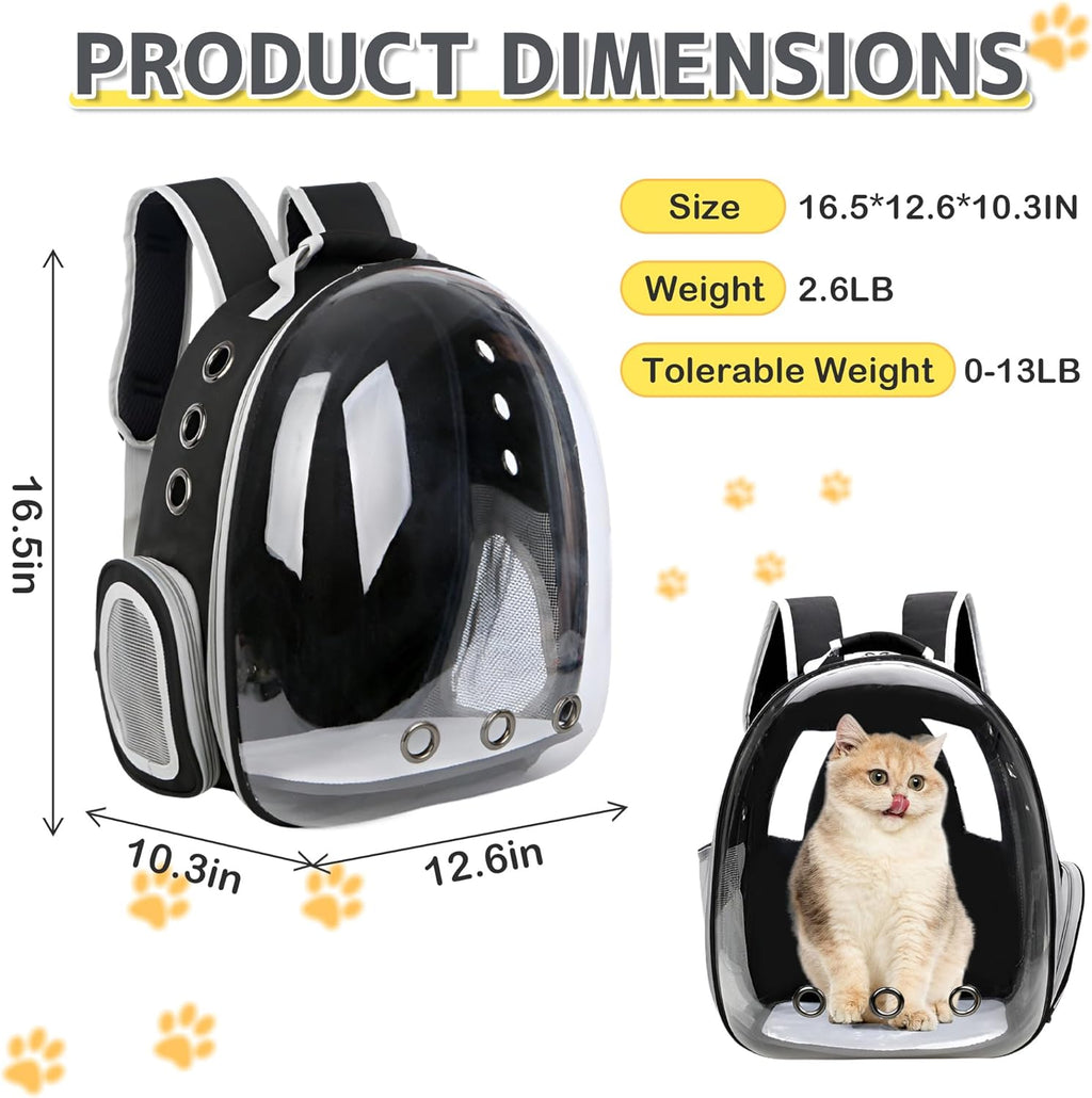 Cat and Small Dog Backpack Carrier - Transparent Space Capsule Design, Airline Approved for Travel and Outdoor Use, Black