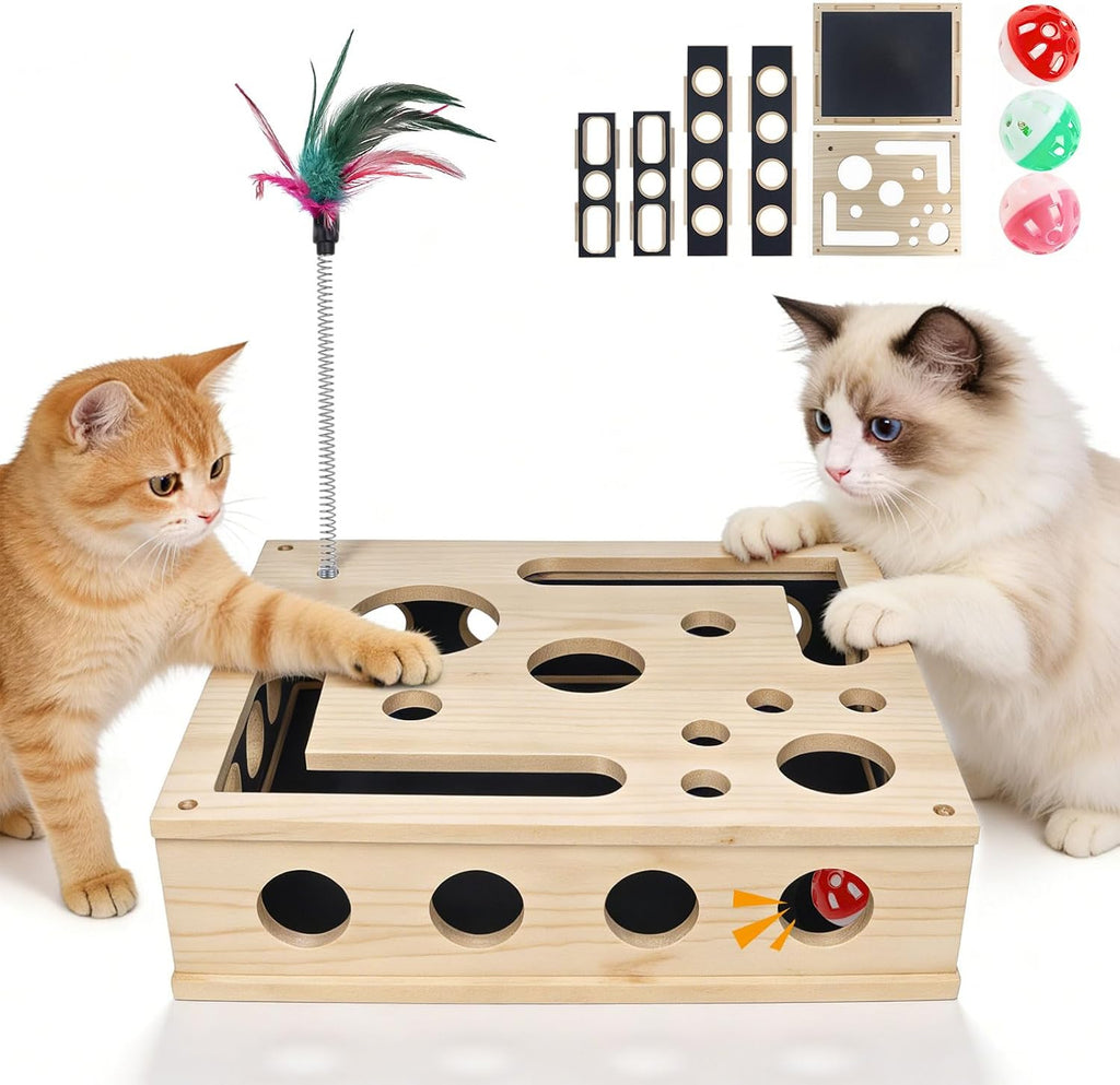 Cat Scratch Puzzle Enrichment Box, Interactive Cat Nail File Scratcher with Sandpaper, 3 Bell Balls & Detachable Teaser Wand, Stress‑Free Nail Care Toy for Indoor Cats, Scratchers That Trim Nails