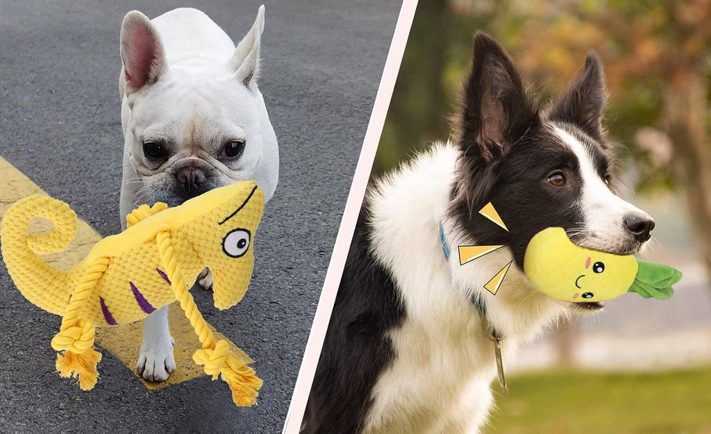 Plush Squeaky Dog Toys for Medium and Small Breeds - 2-in-1 Lizard and Pineapple Chew Toys in Yellow