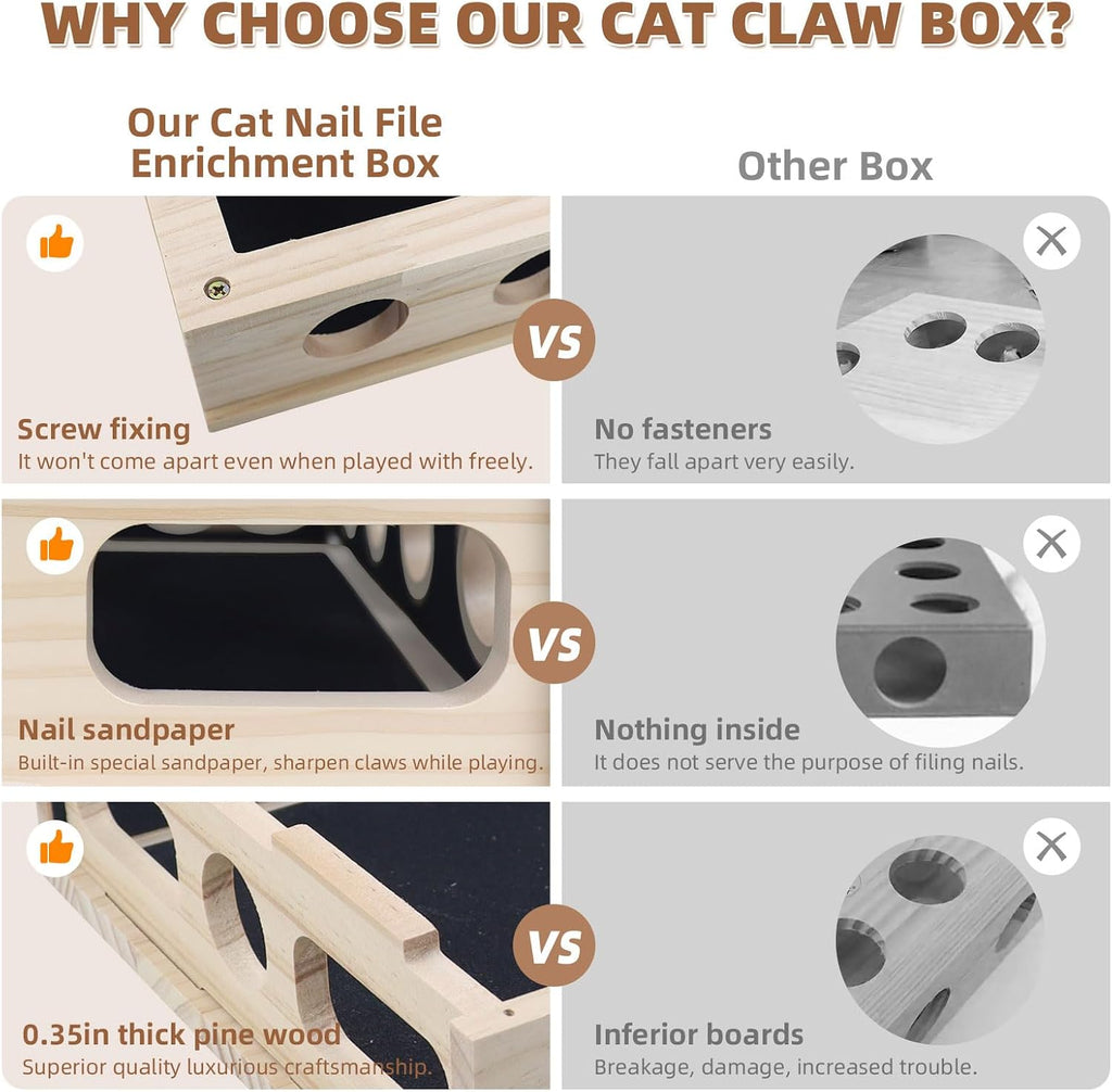 Cat Scratch Puzzle Enrichment Box, Interactive Cat Nail File Scratcher with Sandpaper, 3 Bell Balls & Detachable Teaser Wand, Stress‑Free Nail Care Toy for Indoor Cats, Scratchers That Trim Nails