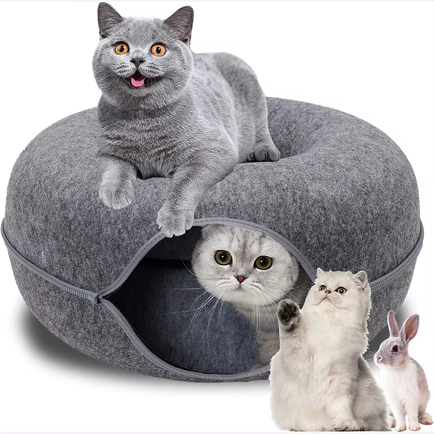 Interactive Dual-Use Donut Cat Tunnel and Bed for Cats, Ferrets, and Rabbits - Indoor Training and Play Toy