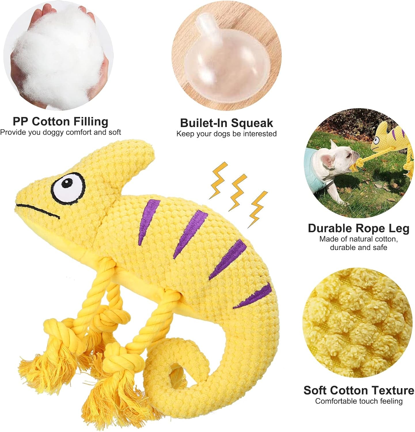 Plush Squeaky Dog Toys for Medium and Small Breeds - 2-in-1 Lizard and Pineapple Chew Toys in Yellow