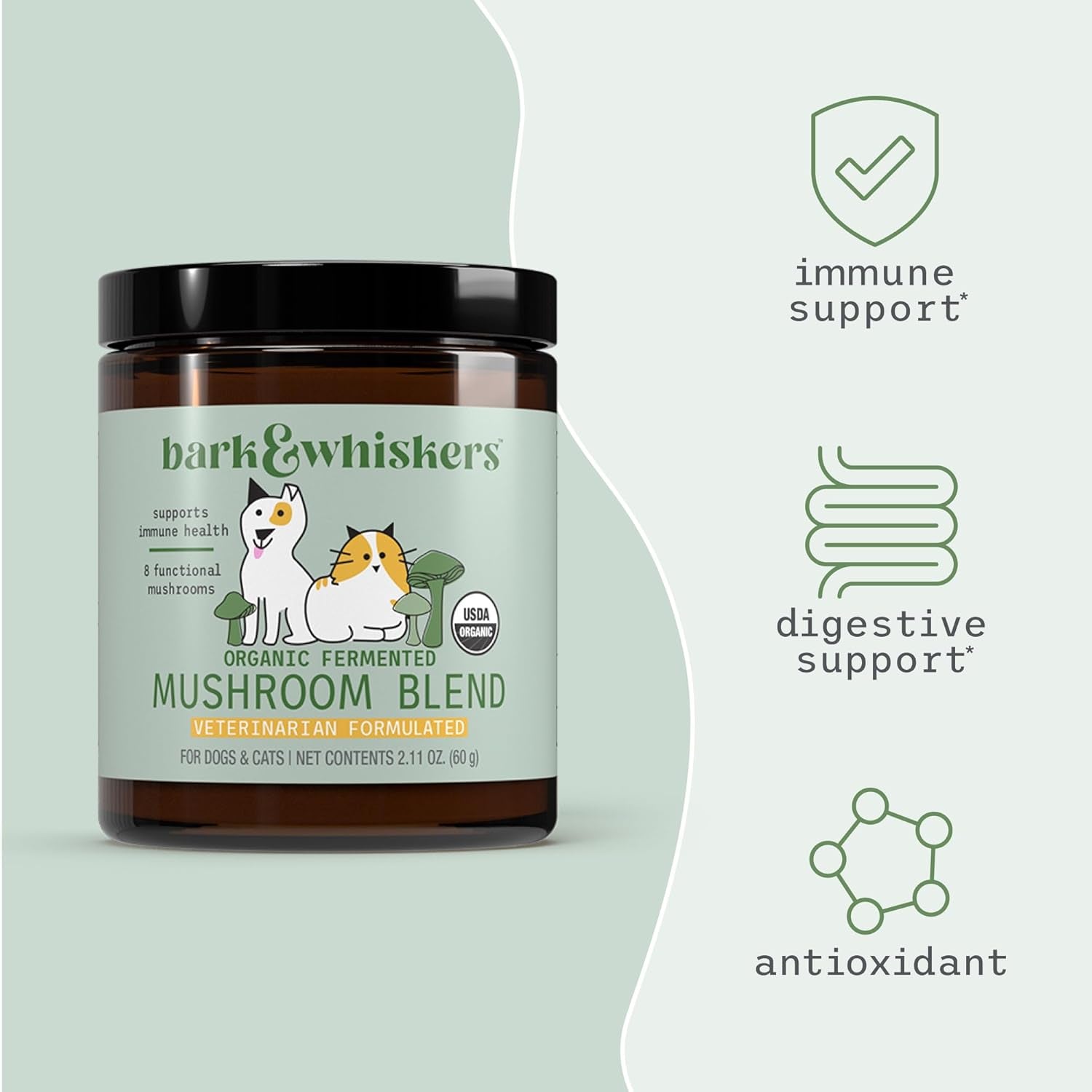 Bark & Whiskers Organic Fermented Mushroom Blend - Pet Supplement for Cats and Dogs - Promotes Digestive and Immune Health - Additive, Filler, and Gluten-Free - 2.11 Oz. (60 Scoops)