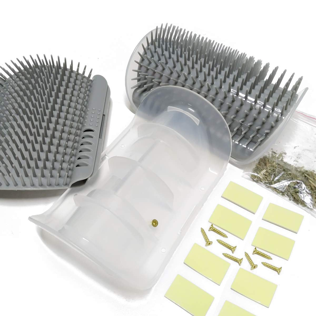 Softer Self-Grooming Tool Set with Catnip Wall Corner Massage Comb and Scratcher for Long & Short Fur Cats and Dogs (Gray) - 2 Pack