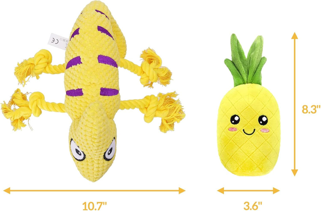 Plush Squeaky Dog Toys for Medium and Small Breeds - 2-in-1 Lizard and Pineapple Chew Toys in Yellow