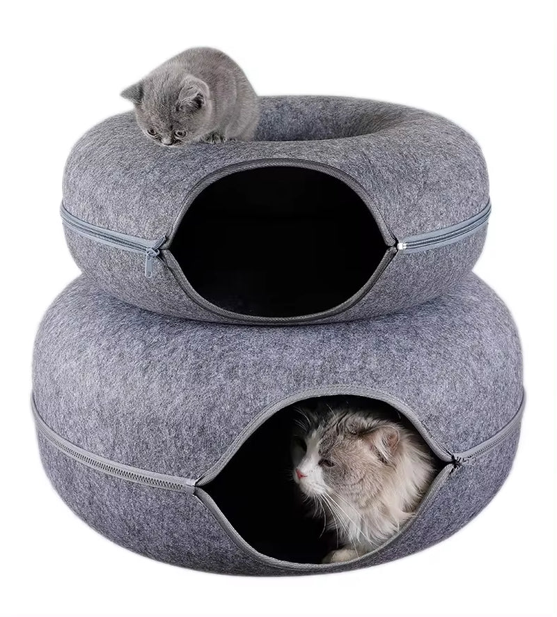 Interactive Dual-Use Donut Cat Tunnel and Bed for Cats, Ferrets, and Rabbits - Indoor Training and Play Toy