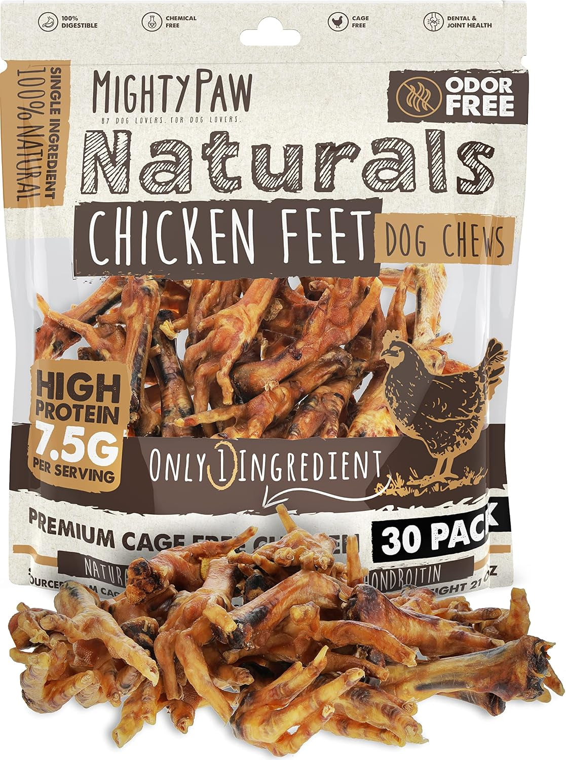 Naturals Chicken Feet Dog Treats - 30 Pack, Single Ingredient, High Protein, Supports Joint Health with Glucosamine & Chondroitin, Grain-Free, Low Odor, Slow-Dried for Puppies