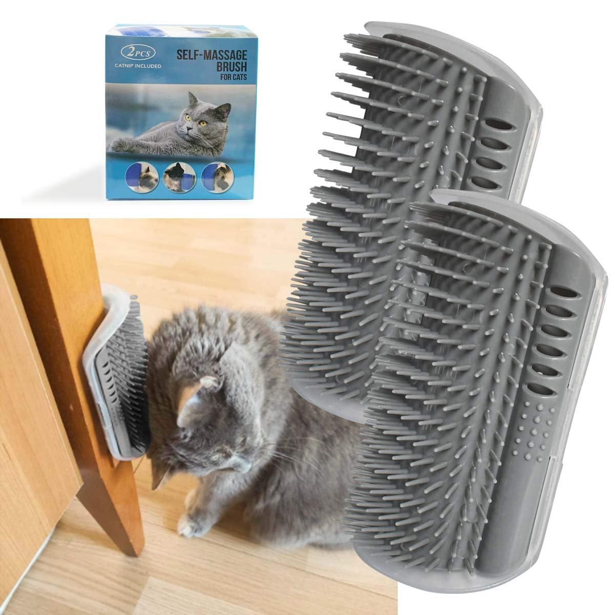 Softer Self-Grooming Tool Set with Catnip Wall Corner Massage Comb and Scratcher for Long & Short Fur Cats and Dogs (Gray) - 2 Pack