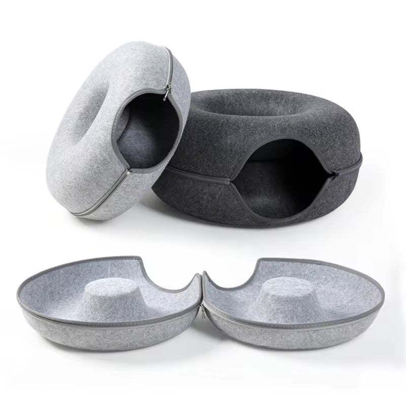 Interactive Dual-Use Donut Cat Tunnel and Bed for Cats, Ferrets, and Rabbits - Indoor Training and Play Toy