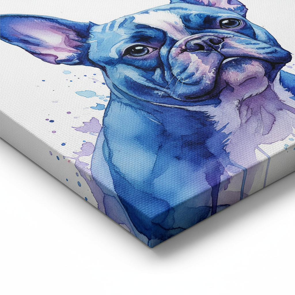 Close-up of gallery wrap stretched canvas print quality - French Bulldog watercolor
