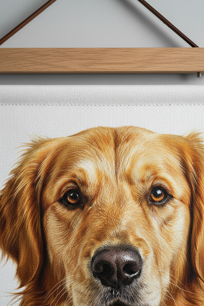 Close-up of premium hanging canvas print - Golden Retriever portrait